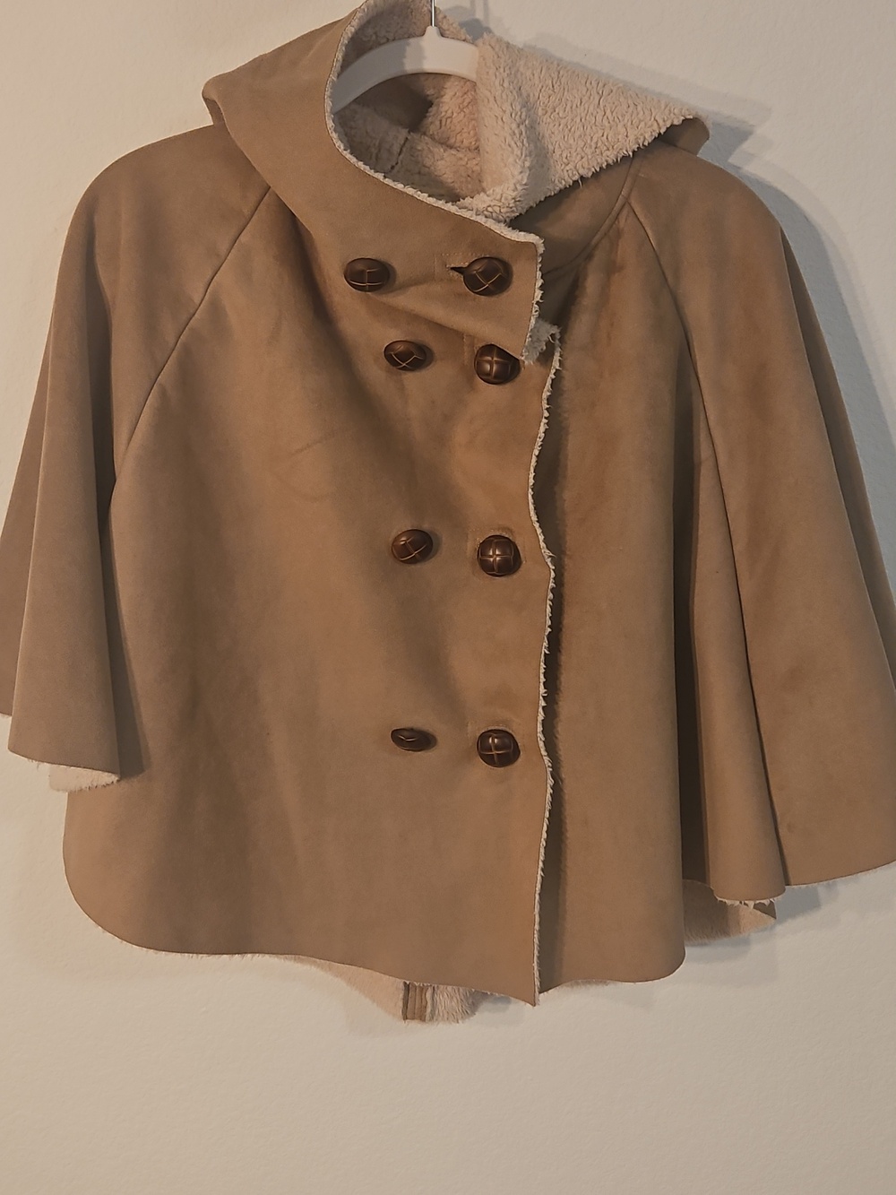 Plastic Island Beige Brown Sherpa-Lined Hooded Cape Coat - Women Sz M